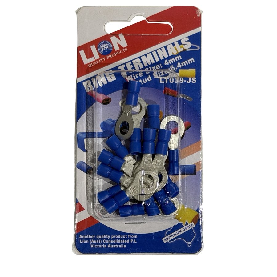 LION RING TERMINALS BLUE 6.4MM STUD 15 PACK
