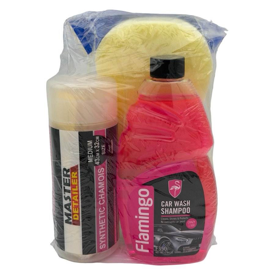 FLAMINGO CAR WASH PACK - WASH, CHAMOIS & DASHBOARD SHINE