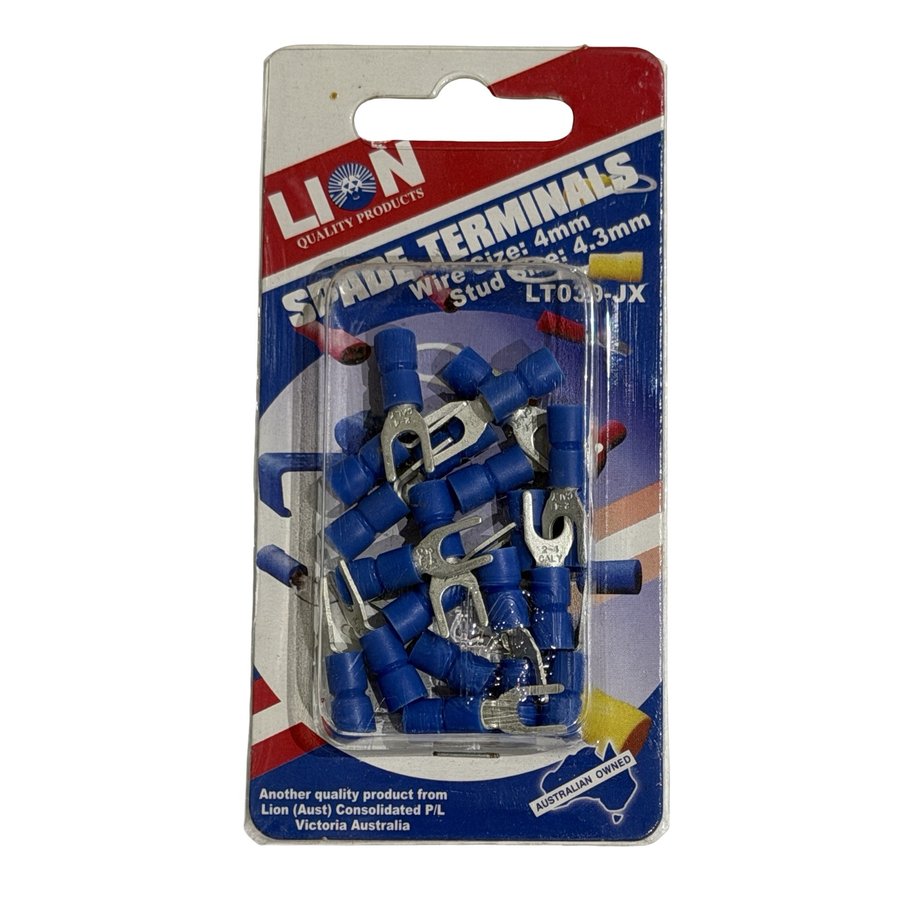 LION SPADE TERMINALS BLUE 4.3MM STUD 21 PACK