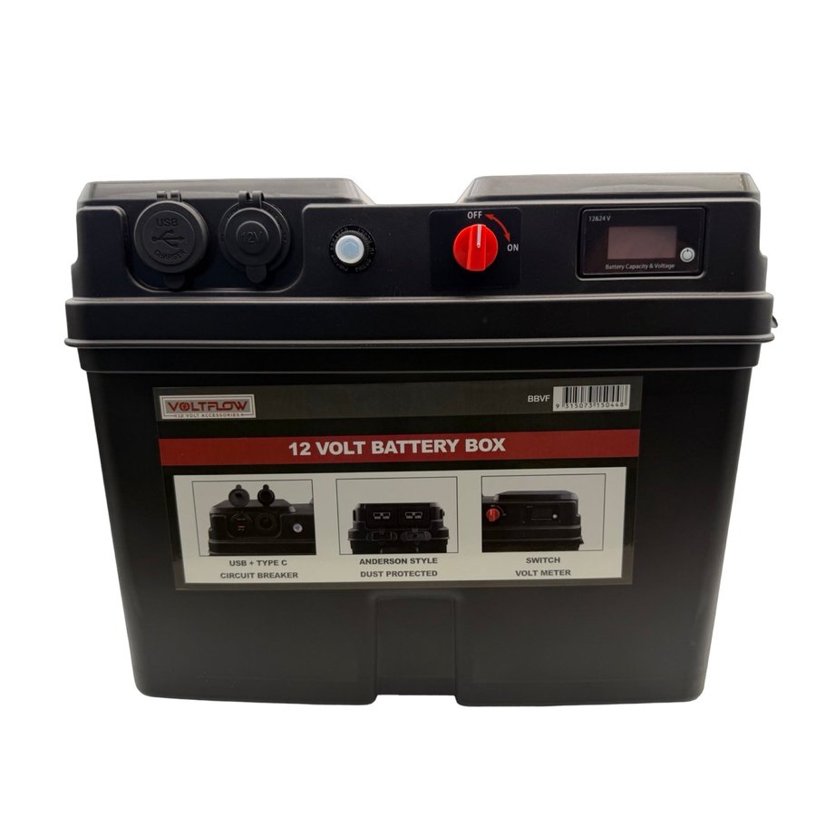 VOLTFLOW 50A BATTERY BOX WITH USB, ANDERSON & ACCESSORY SOCKETS